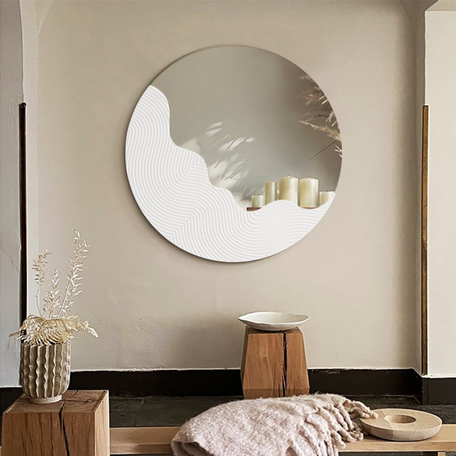 HMR - 23.6" Round White Japandi Wave Textured Wall Mirror Decor Art Living Room Bedroom