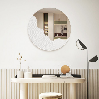 HMR - 23.6" Round White Japandi Wave Textured Wall Mirror Decor Art Living Room Bedroom