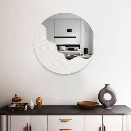 HMR - 23.6" Round White Japandi Wave Textured Wall Mirror Decor Art Living Room Bedroom