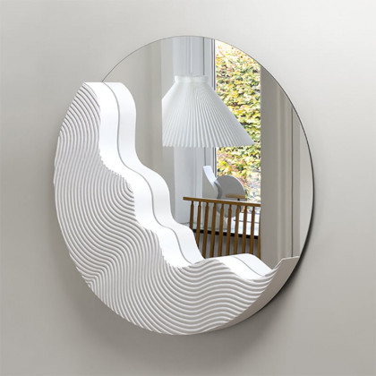 HMR - 23.6" Round White Japandi Wave Textured Wall Mirror Decor Art Living Room Bedroom