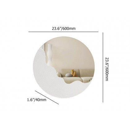 HMR - 23.6" Round White Japandi Wave Textured Wall Mirror Decor Art Living Room Bedroom