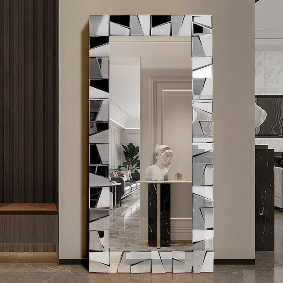 HMR 31.5" x 63" Oversized Glam Rectangle Full Length Floor Mirror 3D Glass Frame - Silver
