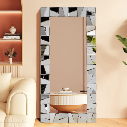 HMR 31.5" x 63" Oversized Glam Rectangle Full Length Floor Mirror 3D Glass Frame - Silver