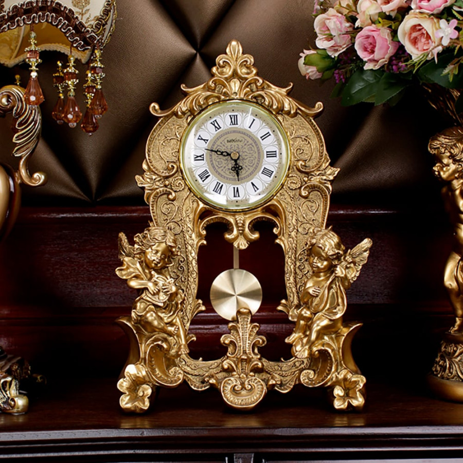 HMR - Traditional Vintage Gold Resin Angel Table Clock With Exquisitely Carved Pendulum Clock