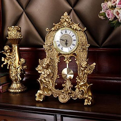 HMR - Traditional Vintage Gold Resin Angel Table Clock With Exquisitely Carved Pendulum Clock
