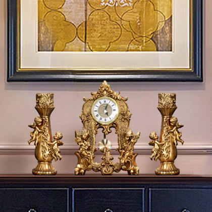 HMR - Traditional Vintage Gold Resin Angel Table Clock With Exquisitely Carved Pendulum Clock