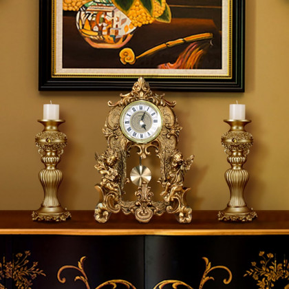 HMR - Traditional Vintage Gold Resin Angel Table Clock With Exquisitely Carved Pendulum Clock