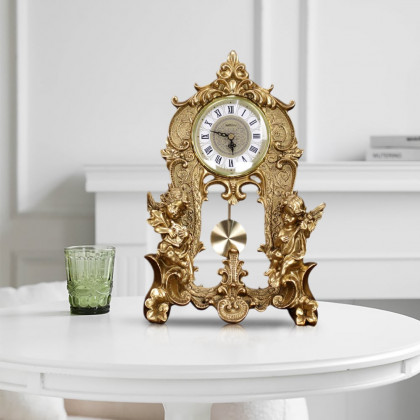 HMR - Traditional Vintage Gold Resin Angel Table Clock With Exquisitely Carved Pendulum Clock