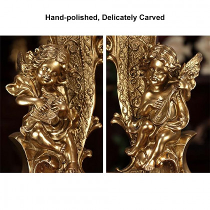 HMR - Traditional Vintage Gold Resin Angel Table Clock With Exquisitely Carved Pendulum Clock
