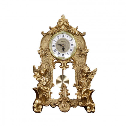 HMR - Traditional Vintage Gold Resin Angel Table Clock With Exquisitely Carved Pendulum Clock