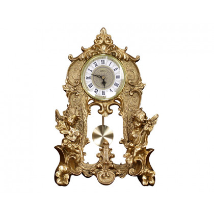 HMR - Traditional Vintage Gold Resin Angel Table Clock With Exquisitely Carved Pendulum Clock