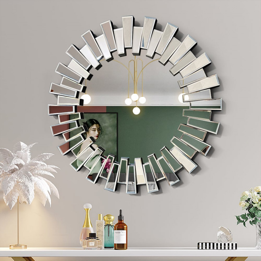 HMR - 25.6" Modern Silver Round Sun Wall Mirror Decor Art with Geometric Frame Living Room