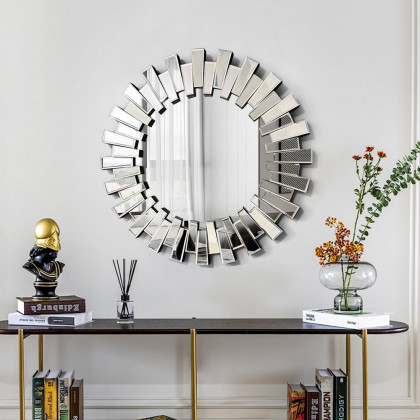 HMR - 25.6" Modern Silver Round Sun Wall Mirror Decor Art with Geometric Frame Living Room