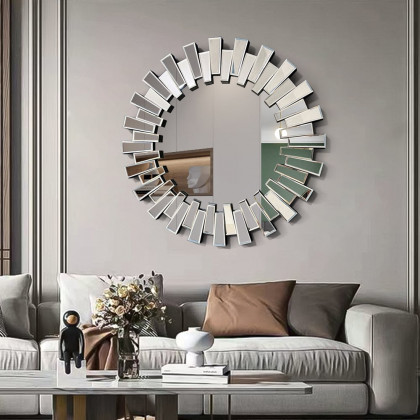 HMR - 25.6" Modern Silver Round Sun Wall Mirror Decor Art with Geometric Frame Living Room