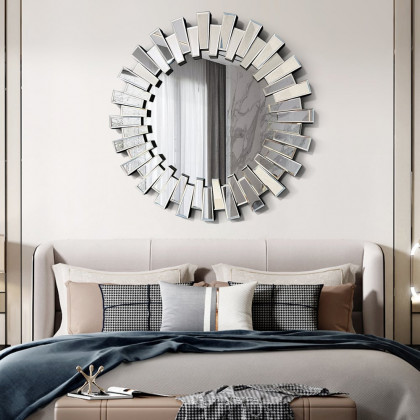 HMR - 25.6" Modern Silver Round Sun Wall Mirror Decor Art with Geometric Frame Living Room