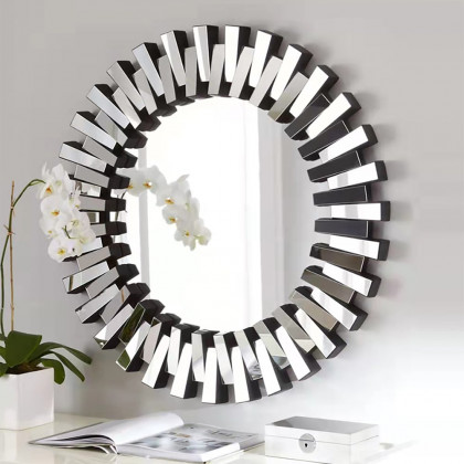 HMR - 25.6" Modern Silver Round Sun Wall Mirror Decor Art with Geometric Frame Living Room