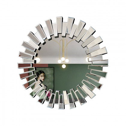 HMR - 25.6" Modern Silver Round Sun Wall Mirror Decor Art with Geometric Frame Living Room