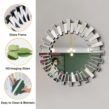HMR - 25.6" Modern Silver Round Sun Wall Mirror Decor Art with Geometric Frame Living Room