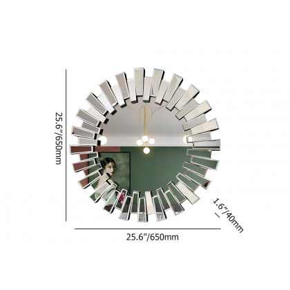 HMR - 25.6" Modern Silver Round Sun Wall Mirror Decor Art with Geometric Frame Living Room