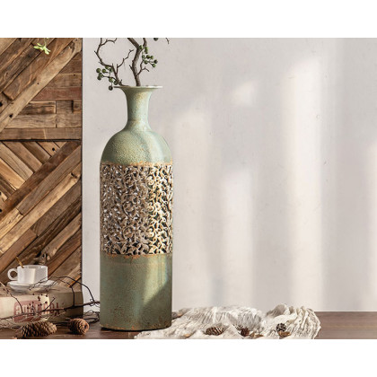 HMR French Country Large Metal Floor Vase Tall Home Geometric Decor Art - Green & White, 7.9"W x 7.9"D x 26.4"H