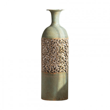 HMR French Country Large Metal Floor Vase Tall Home Geometric Decor Art - Green & White, 7.9"W x 7.9"D x 26.4"H