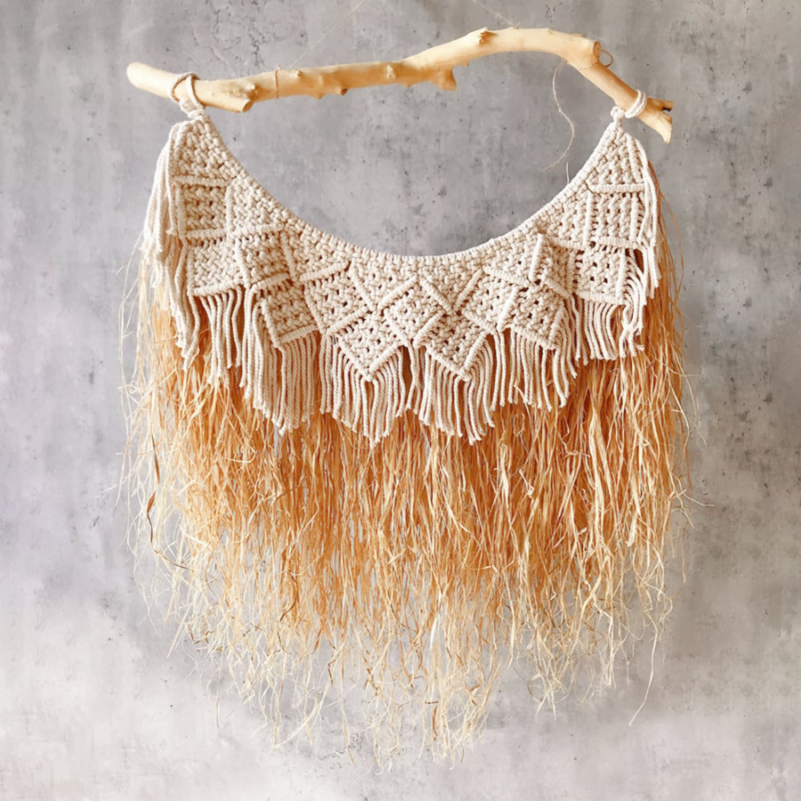 HMR - Large Handmade Boho Woven Raffia Wood Tapestry Natural Cotton Macrame Wall Hanging
