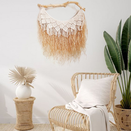 HMR - Large Handmade Boho Woven Raffia Wood Tapestry Natural Cotton Macrame Wall Hanging