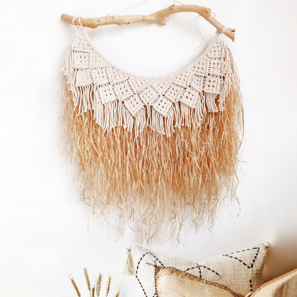 HMR - Large Handmade Boho Woven Raffia Wood Tapestry Natural Cotton Macrame Wall Hanging