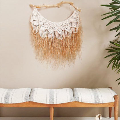 HMR - Large Handmade Boho Woven Raffia Wood Tapestry Natural Cotton Macrame Wall Hanging