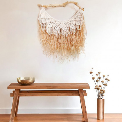 HMR - Large Handmade Boho Woven Raffia Wood Tapestry Natural Cotton Macrame Wall Hanging