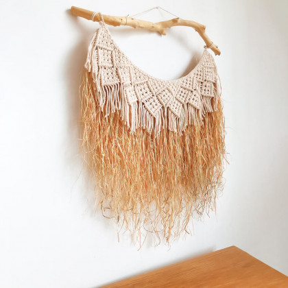 HMR - Large Handmade Boho Woven Raffia Wood Tapestry Natural Cotton Macrame Wall Hanging