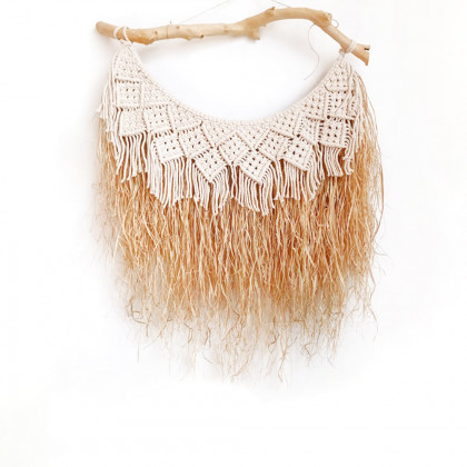 HMR - Large Handmade Boho Woven Raffia Wood Tapestry Natural Cotton Macrame Wall Hanging