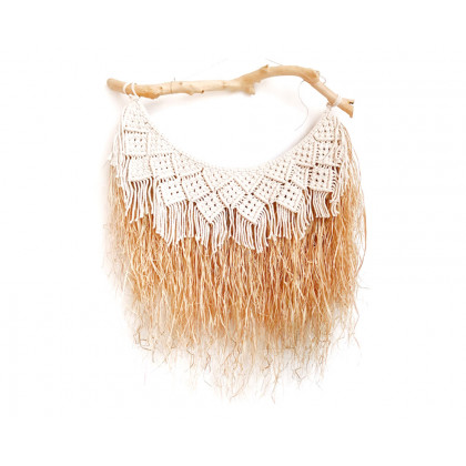 HMR - Large Handmade Boho Woven Raffia Wood Tapestry Natural Cotton Macrame Wall Hanging