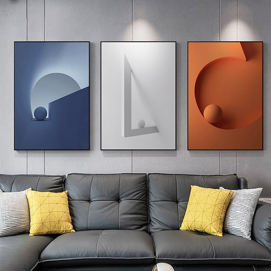 HMR - 28" 3-Pieces Modern Wall Decor Living Room Abstract Art Canvas Print with Metal Frame