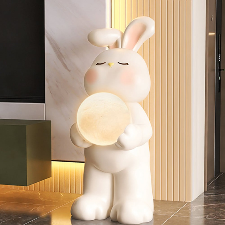 HMR - 24.4" White Resin Rabbit Moon Floor Lamp Sculpture Ornament Decor Living Room Bedroom