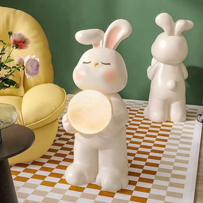 HMR - 24.4" White Resin Rabbit Moon Floor Lamp Sculpture Ornament Decor Living Room Bedroom