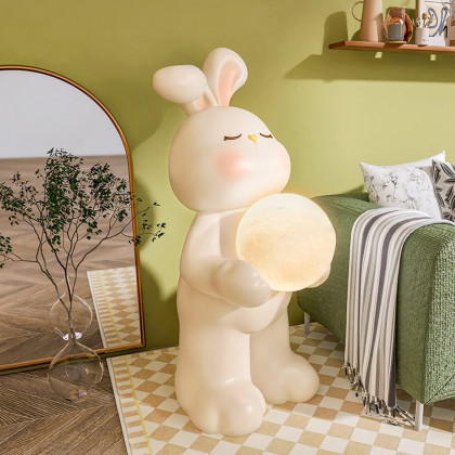 HMR - 24.4" White Resin Rabbit Moon Floor Lamp Sculpture Ornament Decor Living Room Bedroom