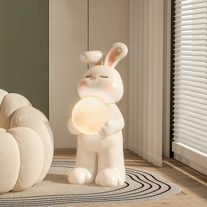 HMR - 24.4" White Resin Rabbit Moon Floor Lamp Sculpture Ornament Decor Living Room Bedroom
