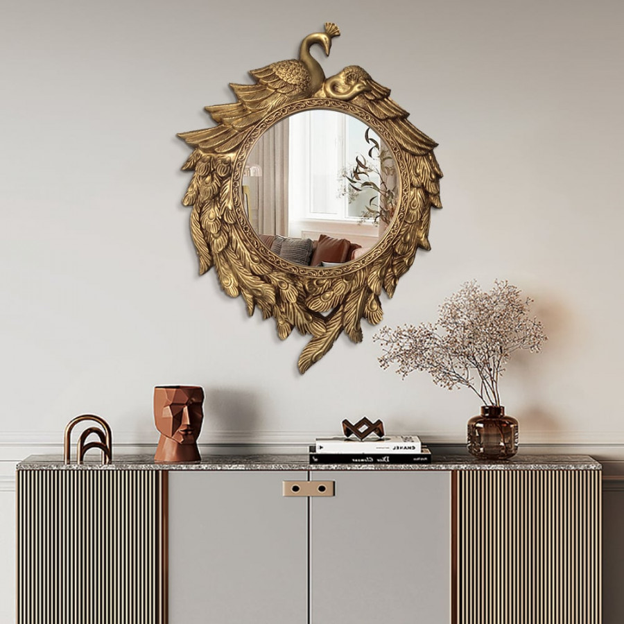HMR - 29" Traditional Peacock Wall Mirror Abstract Resin Decor Art Living Room in Bronze