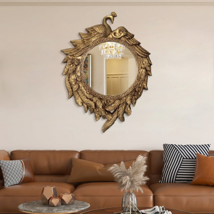 HMR - 29" Traditional Peacock Wall Mirror Abstract Resin Decor Art Living Room in Bronze