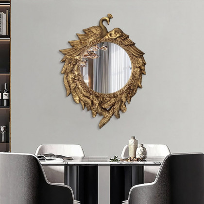 HMR - 29" Traditional Peacock Wall Mirror Abstract Resin Decor Art Living Room in Bronze