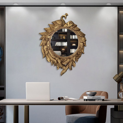 HMR - 29" Traditional Peacock Wall Mirror Abstract Resin Decor Art Living Room in Bronze