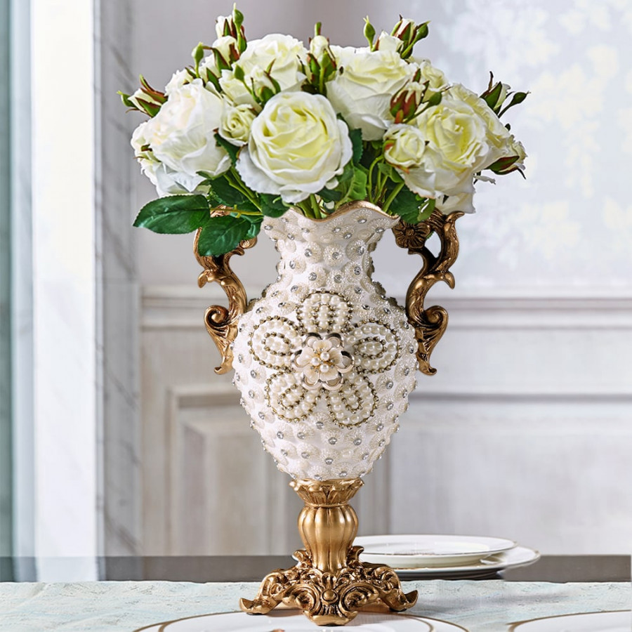 HMR - Shinely 15" European Retro White & Gold Resin Large Flower Vase Decor Art Living Room
