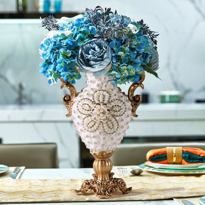 HMR - Shinely 15" European Retro White & Gold Resin Large Flower Vase Decor Art Living Room