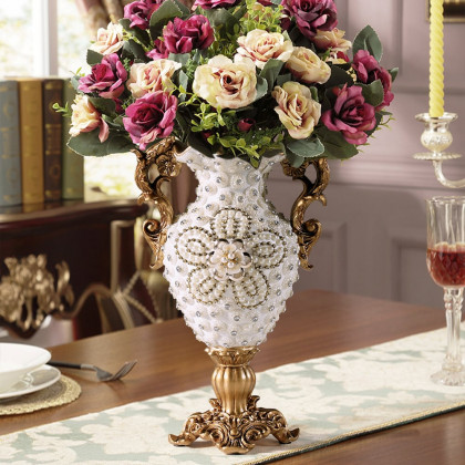 HMR - Shinely 15" European Retro White & Gold Resin Large Flower Vase Decor Art Living Room