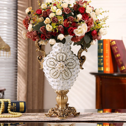 HMR - Shinely 15" European Retro White & Gold Resin Large Flower Vase Decor Art Living Room