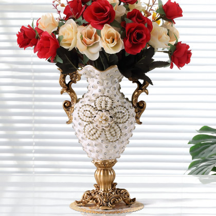 HMR - Shinely 15" European Retro White & Gold Resin Large Flower Vase Decor Art Living Room