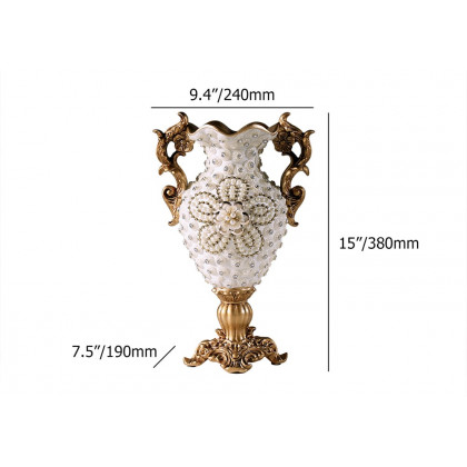 HMR - Shinely 15" European Retro White & Gold Resin Large Flower Vase Decor Art Living Room