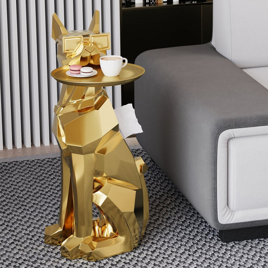 HMR Dog Sculpture Resin Side Table with Tray Top & Tissue Box - Gold