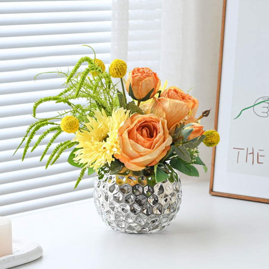 HMR - Orange Artificial Flower Arrangement in Silver Vase Table Centerpiece Fake Flower
